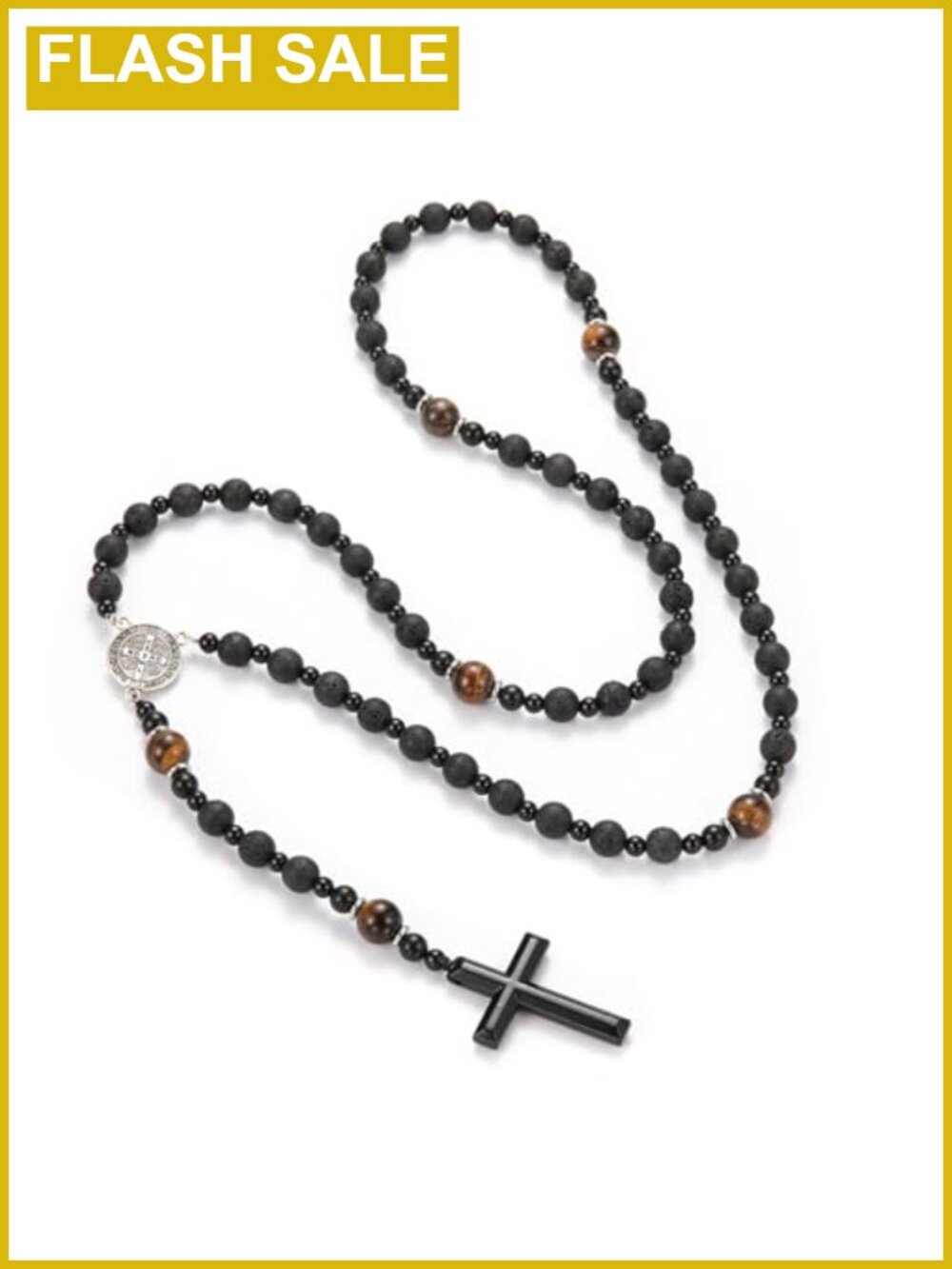 Tiger Eye Lava Rock Rosary Beads Necklace with Cross Pendant
